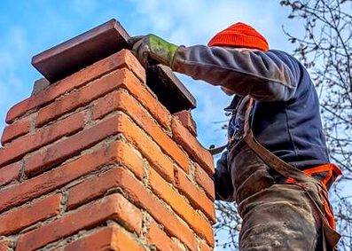 Mason setting a cap block down onto the stack top