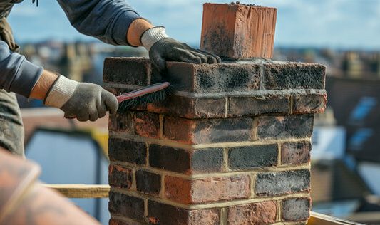 Mason brushing down a chimney crown with the skyline behind